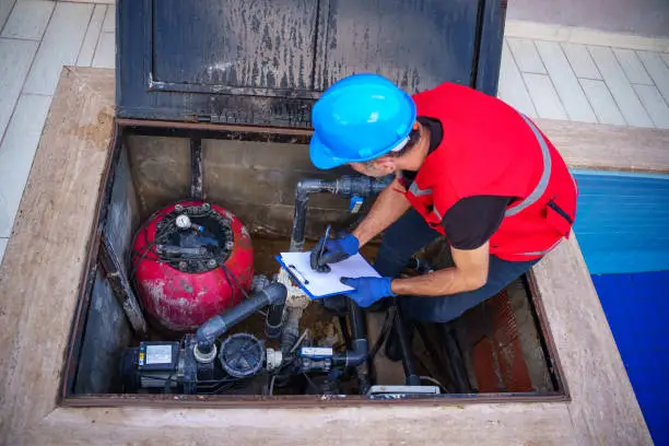 Technician inspecting a pool pump, filter and connected pipework