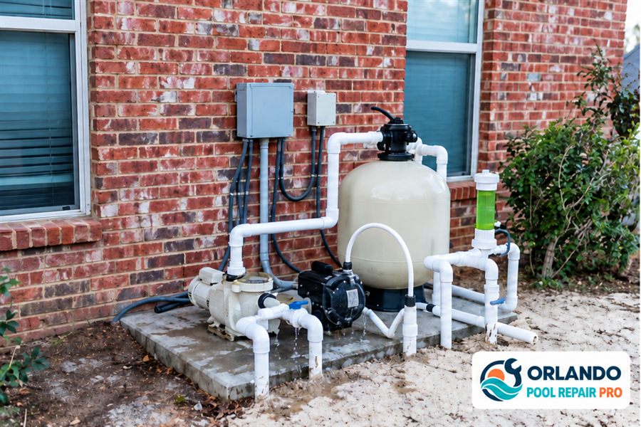 Edited illustration of leaking pool equipment beside a brick wall